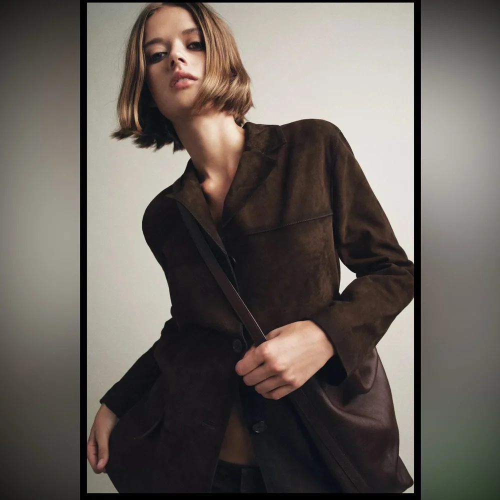 ZARA 100% SUEDE LEATHER BLAZER JACKET - Picture 7 of 12
